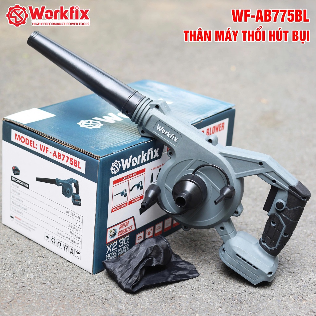 Máy thổi hút bụi pin WORKFIX WF-AB775BL, Động cơ Không chổi than, 2 chức năng