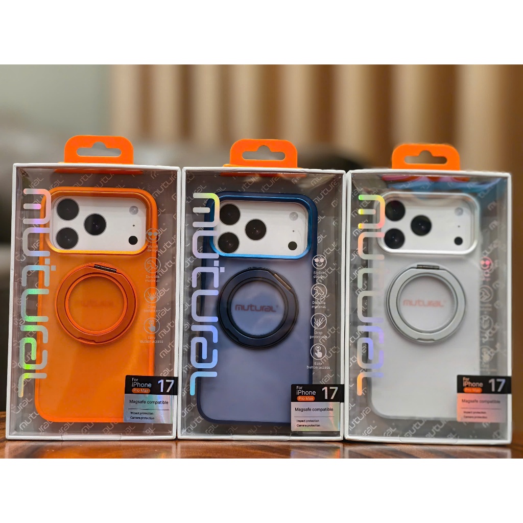 Ốp Mutural Armor lưng nhám - Vòng sạc không dây kèm giá đỡ xoay 360 độ cho IPhone 17Promax 17Pro