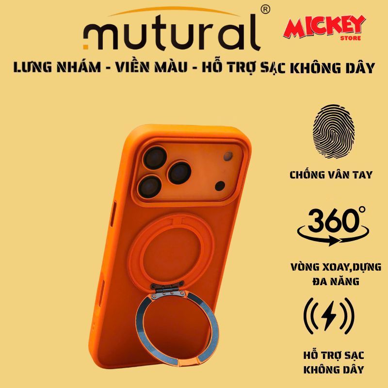 Ốp Mutural Armor lưng nhám - Vòng sạc không dây kèm giá đỡ xoay 360 độ cho IPhone 17Promax 17Pro