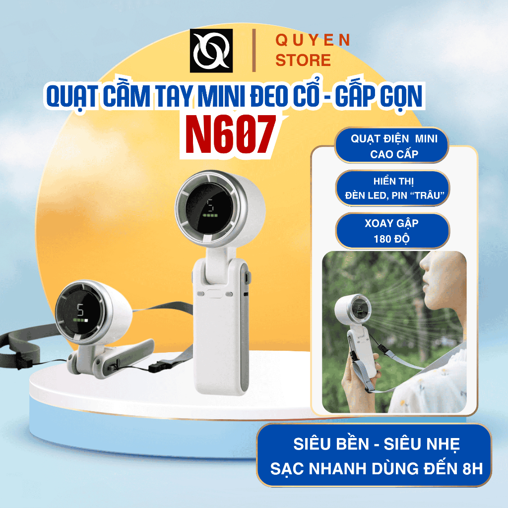 Quạt Cầm Tay Mini Đeo Cổ Gấp Gọn N607 – Cao Cấp, Màn Hình LED, Pin Trâu, Xoay Gập 180°, Sạc Nhanh