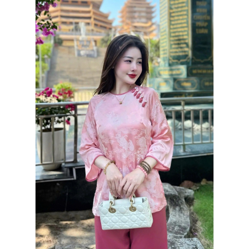 Hàng thiết kế cao cấp bộ đồ đi chùa ( áo gấm quần lụa mango )họa tuyết như hình ( hình thật ) | Đồ Lam An Nhiên