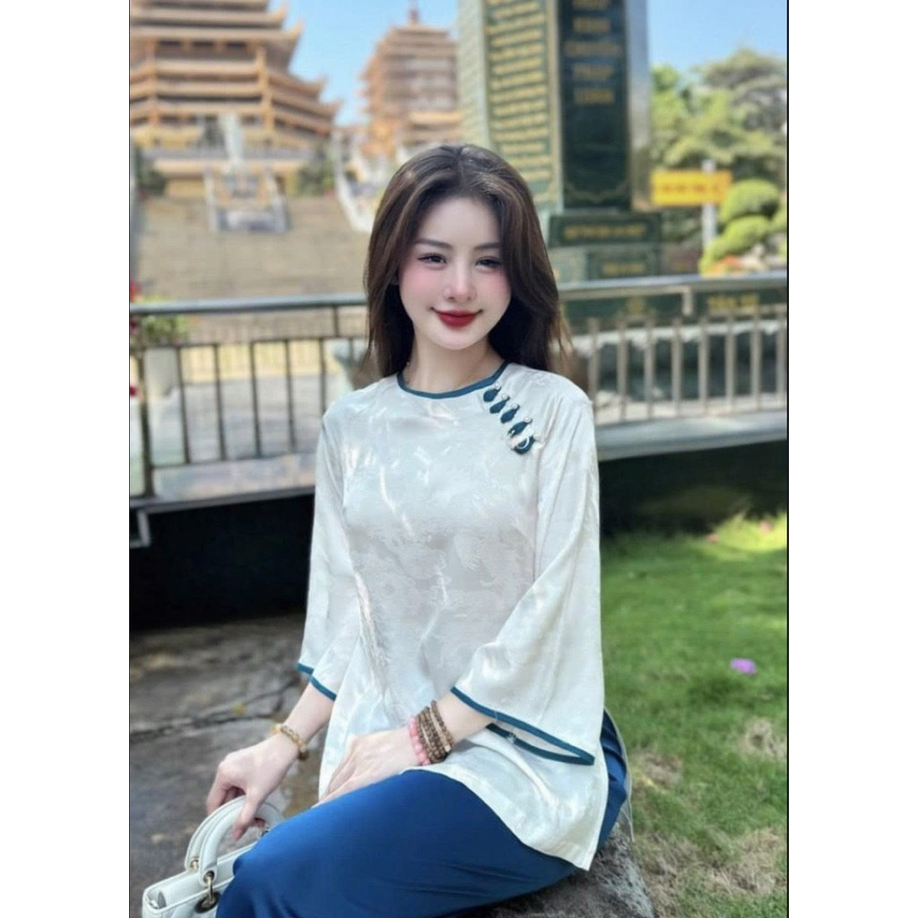 Hàng thiết kế cao cấp bộ đồ đi chùa ( áo gấm quần lụa mango )họa tuyết như hình ( hình thật ) | Đồ Lam An Nhiên