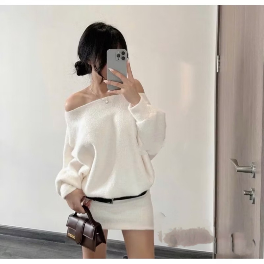 Váy liền eo trễ vai lông thỏ mềm mịn,váy liển len lông thỏ tặng kèm đai