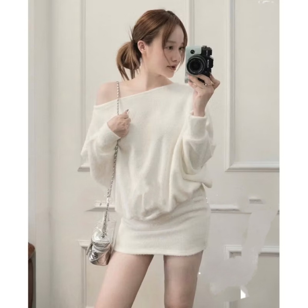 Váy liền eo vải len lông thỏ cực sang, áo váy trễ vai áo liền váy