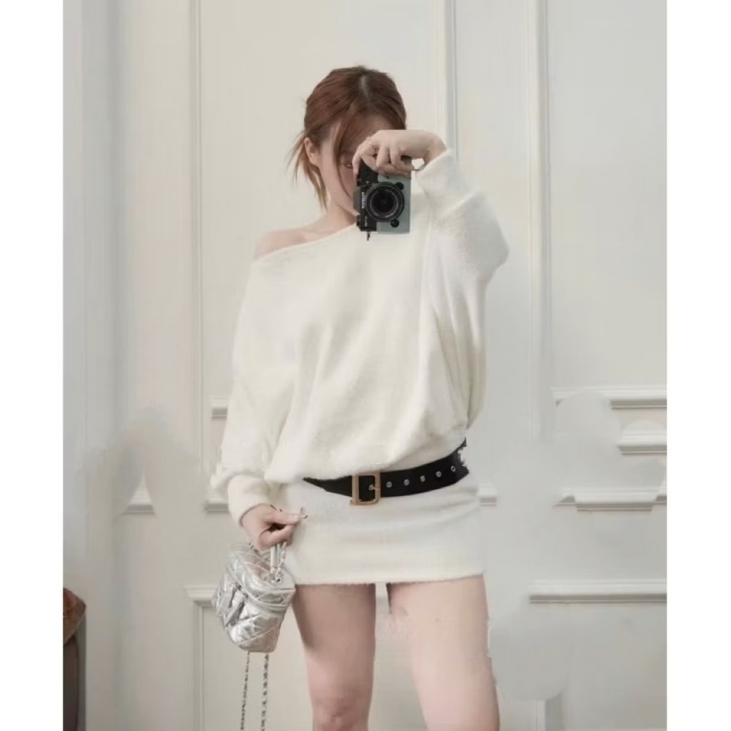 Váy liền eo trễ vai lông thỏ mềm mịn,váy liển len lông thỏ tặng kèm đai