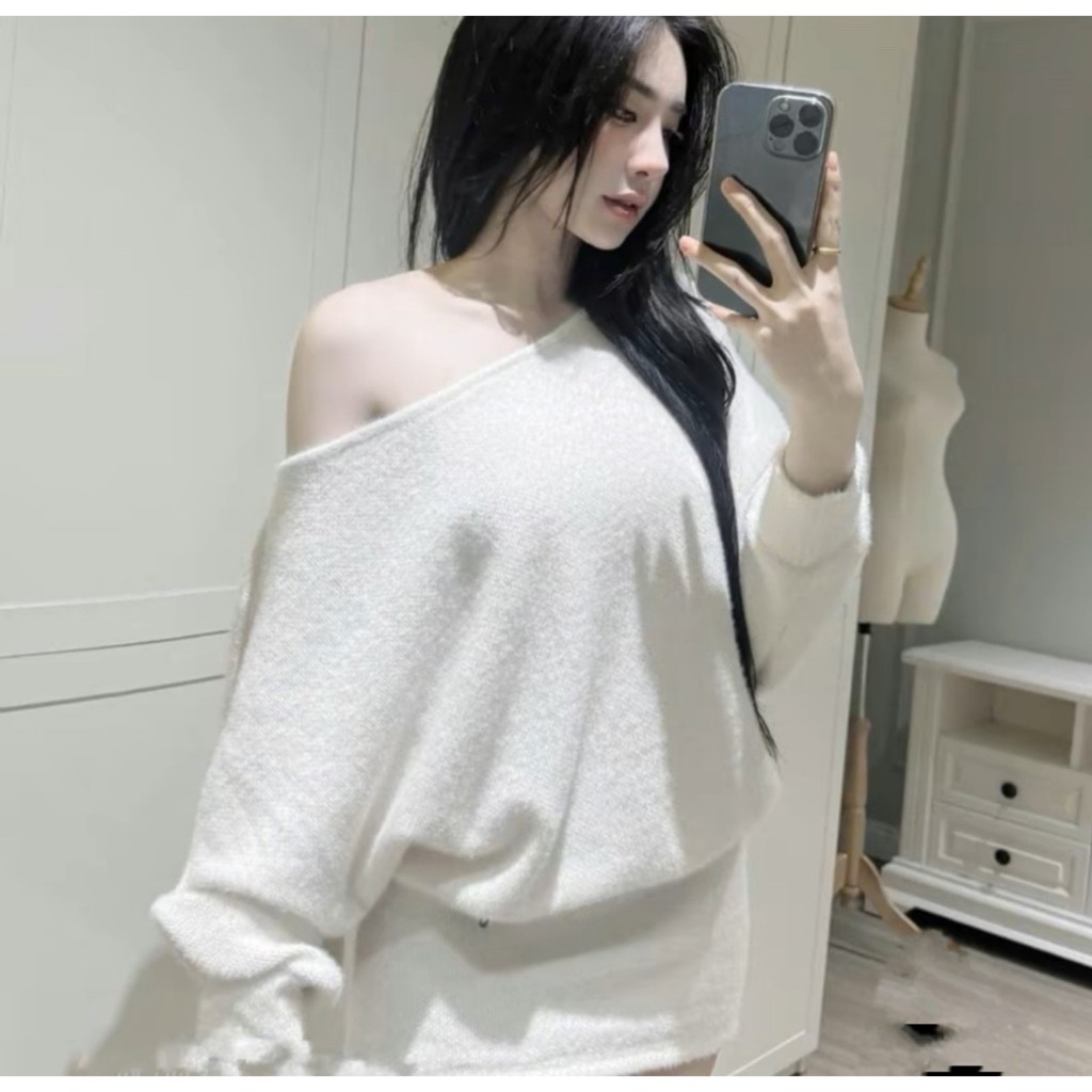 Váy liền eo vải len lông thỏ cực sang, áo váy trễ vai áo liền váy