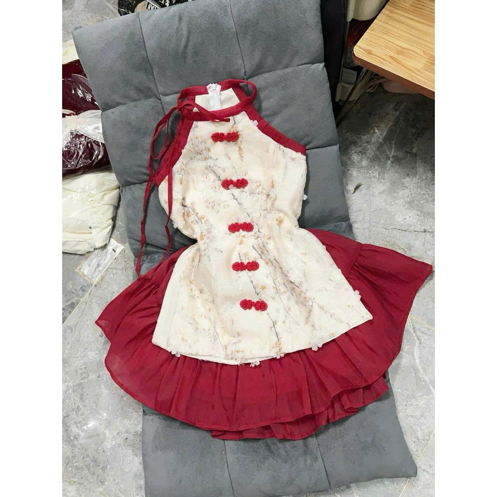 Sét yếm chân váy bé gái, sét váy áo cổ tàu cách tân bé gái sành điệu, dễ thương size đại cho mẹ và bé gái 3-16 tuổi