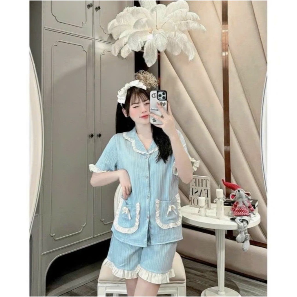 Bộ đũi tay cộc quần cộc cổ bèo 2 tủi nơ mùa hè MS - A52