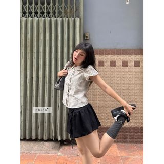 𝐑𝐞𝐛𝐞𝐥 𝐓𝐨𝐩 - Áo sơ mi cổ sen, áo caro tay phồng phong cách Hàn Quốc nhien.official NAS00027