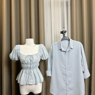 ( S - 36 ) Set đồ đôi nam nữ couple áo nữ babydoll cổ vuông chiết eo tay bồng và áo sơmi nam tay dài, đồ đôi