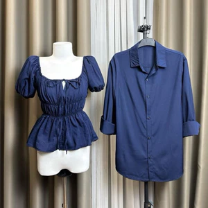 Set đồ đôi nam nữ couple áo nữ babydoll cổ vuông chiết eo tay bồng và áo sơmi nam tay dài, đồ đôi