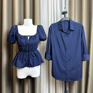 ( S - 36 ) Set đồ đôi nam nữ couple áo nữ babydoll cổ vuông chiết eo tay bồng và áo sơmi nam tay dài, đồ đôi