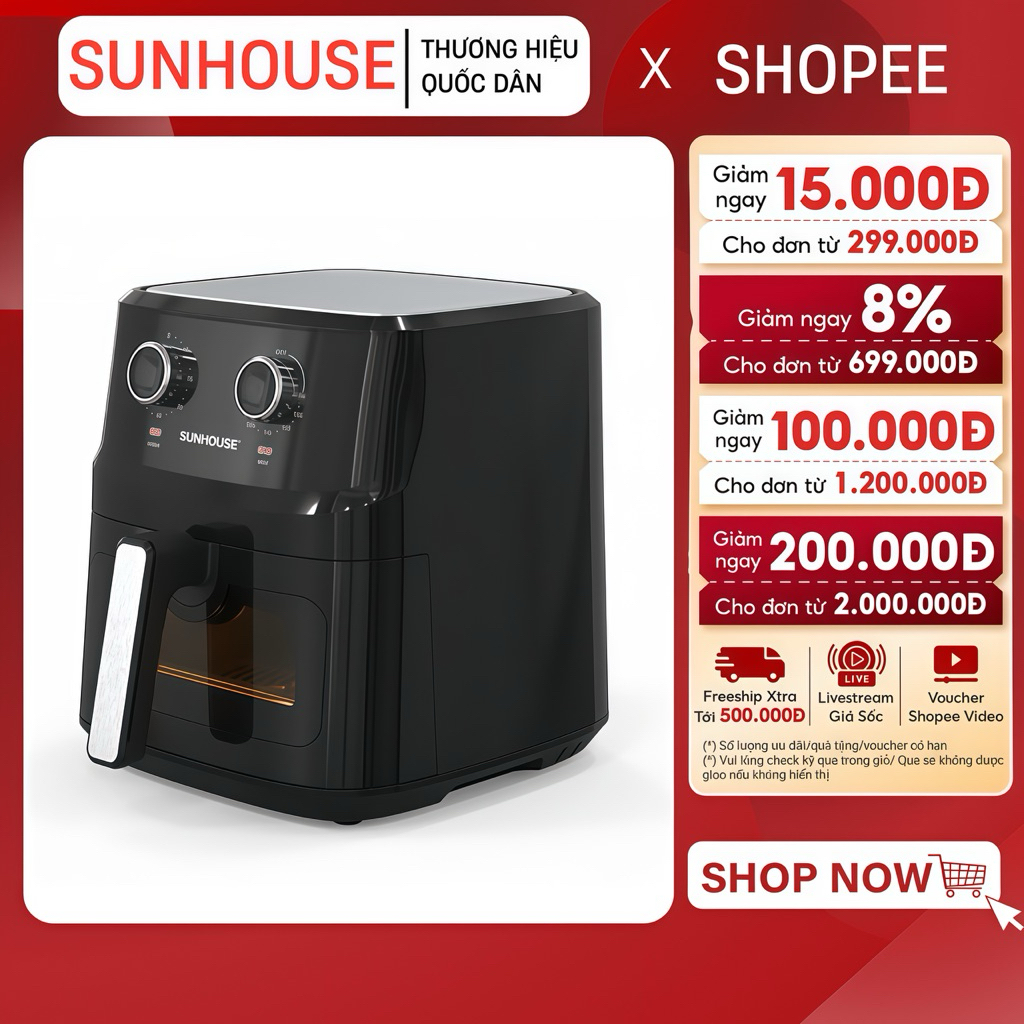 NỒI CHIÊN KHÔNG DẦU SUNHOUSE SHD4030 - Dung tích 6.5L | Phù hợp chiên gà nguyên con | BH 12 tháng