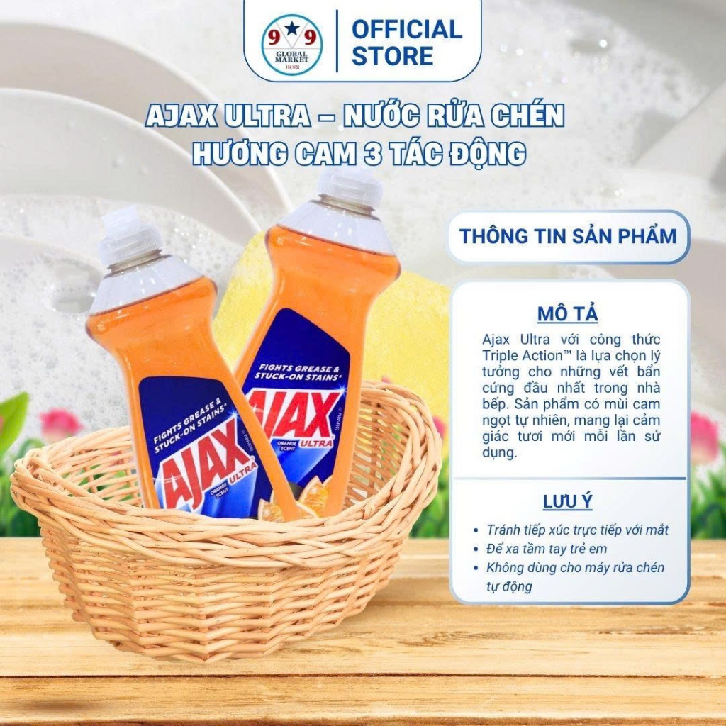 Nước rửa chén   -  AJAX - UITRA - hương cam - Chai 336 ml