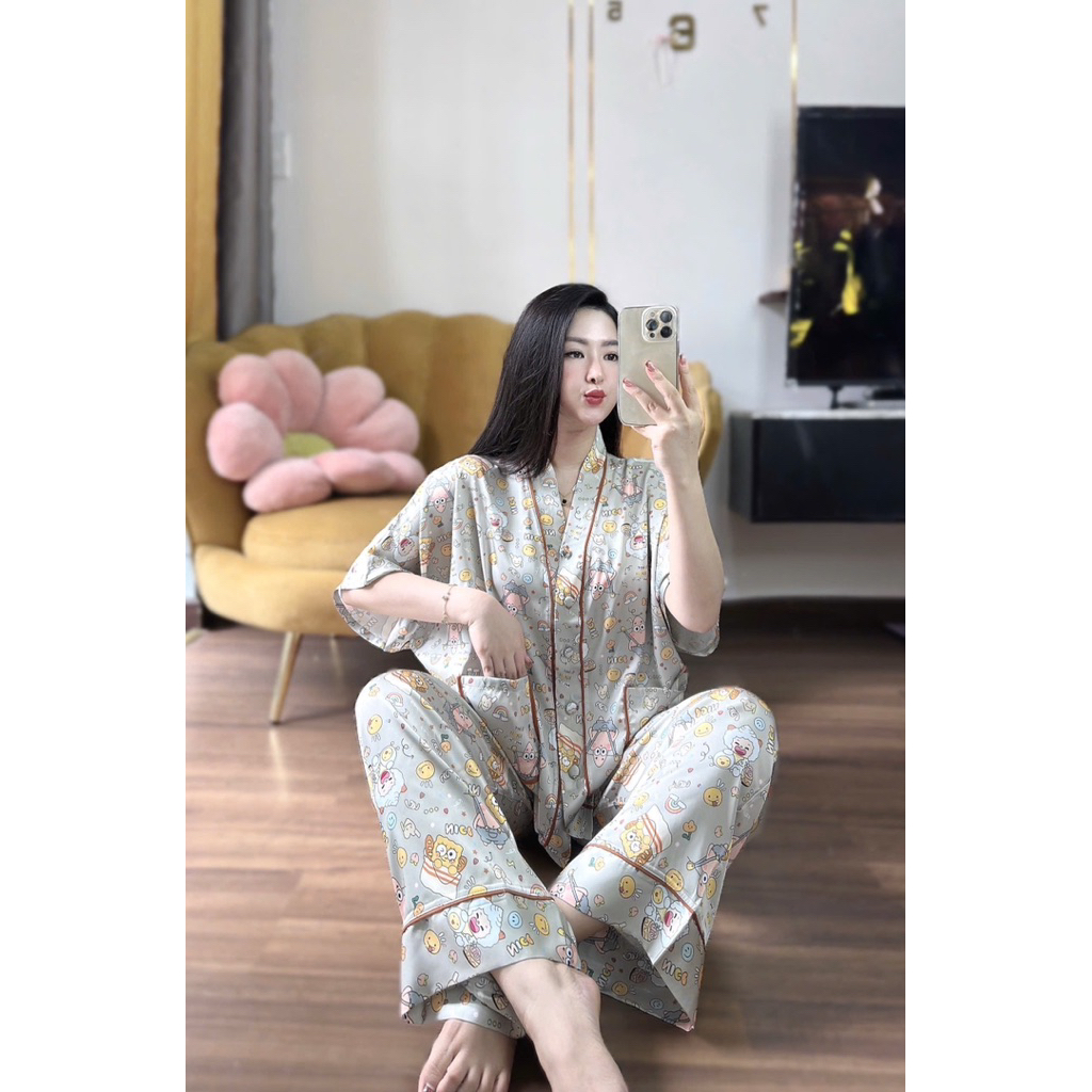 (42-68kg) Bộ pijama mặc nhà cho nữ, cổ V tay dơi quần dài lụa mịn mát, hình dễ thương Women Áo Ngủ
