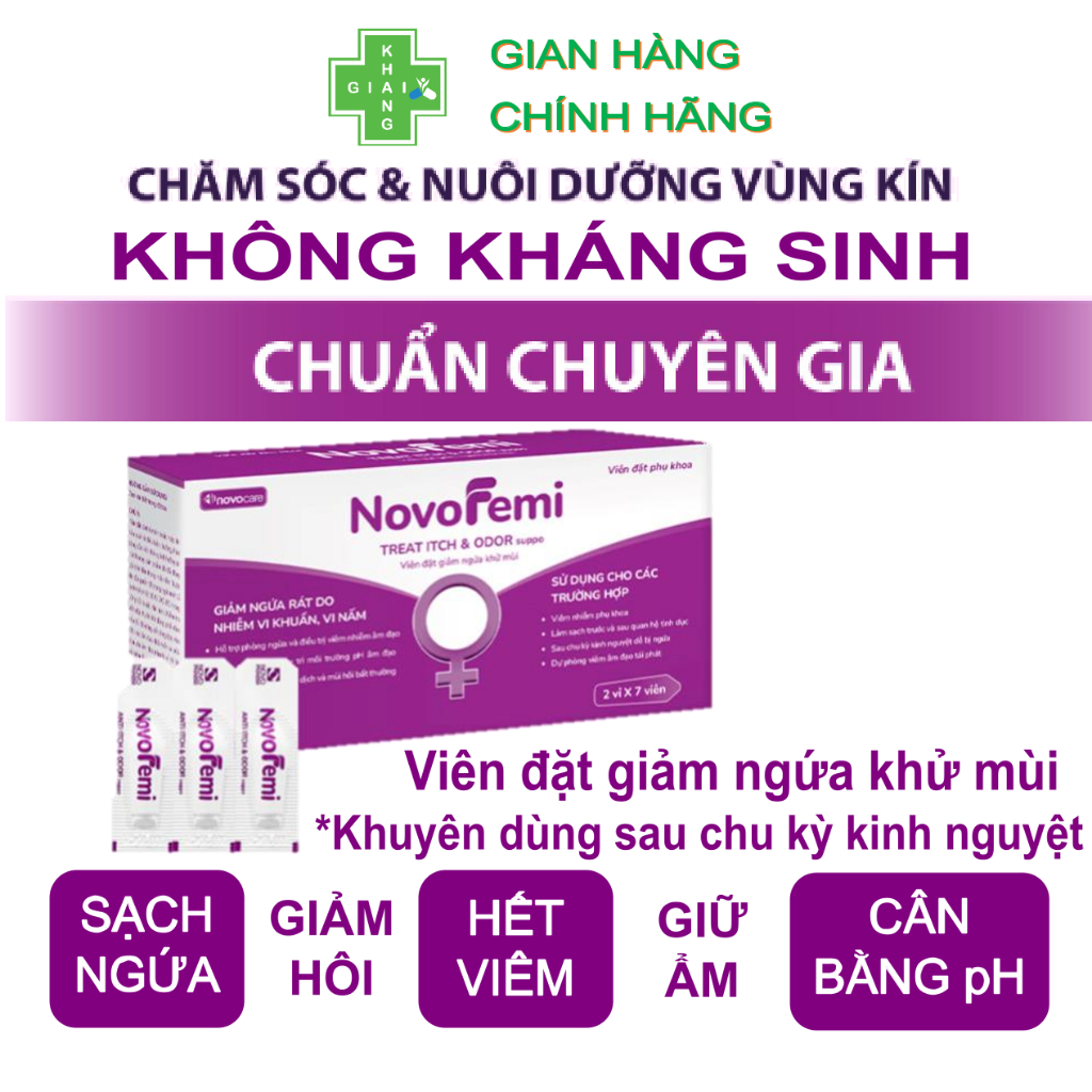 [CHE TÊN SP] Viên đặt giảm ngứa, khử mùi NovoFemi tím (Hộp 14 viên)   *Nếu mua 7 viên thì không có hộp