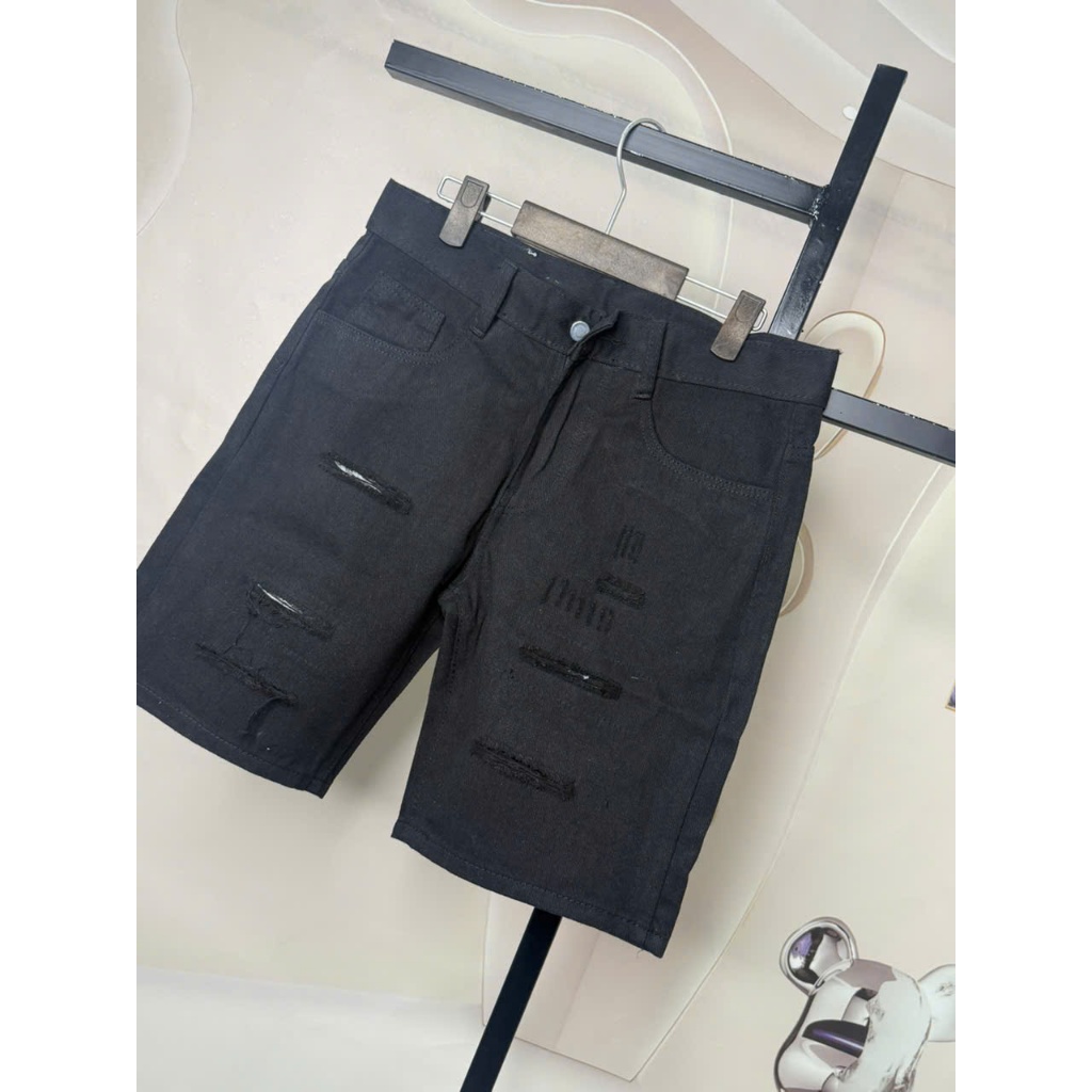 [Mã 305] Vải Jean Thô, Không Co Dãn, Quần Đùi Nam mặc Trên Gối, Đen, Rách, Có Lót Menswear Pants