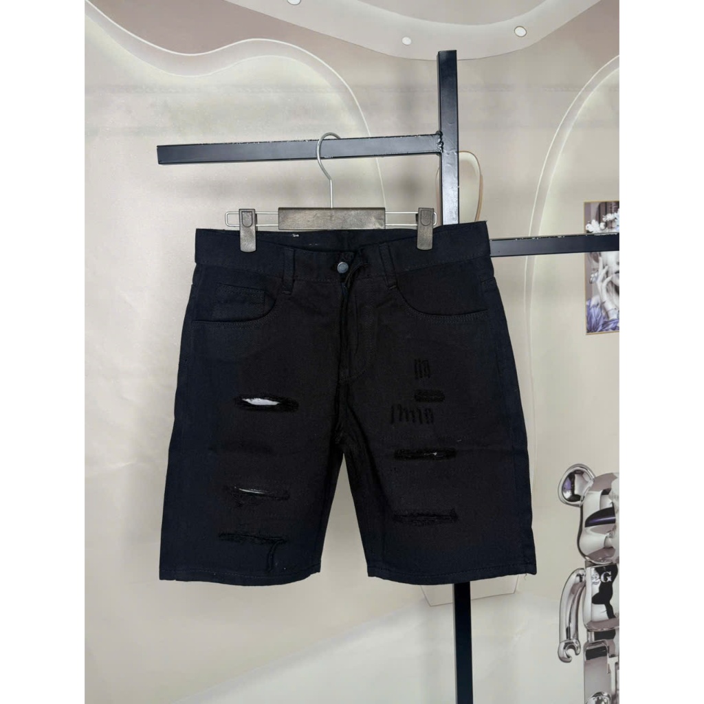 [Mã 305] Vải Jean Thô, Không Co Dãn, Quần Đùi Nam mặc Trên Gối, Đen, Rách, Có Lót Menswear Pants