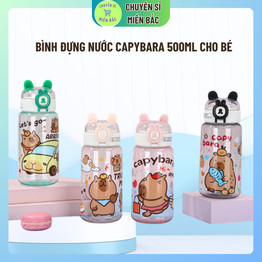 Bình đựng nước CAPYBARA 500ml cho bé, bình nước cute đi học cho bé trai và bé gái