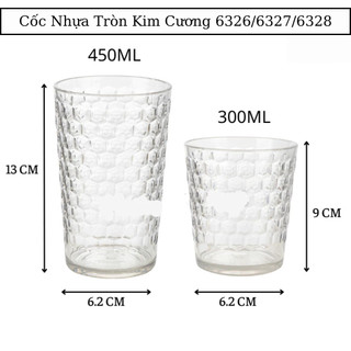 Combo 10 Cốc tròn kim cương hàng cao cấp 250ml, 350ml, 450ml nhựa Việt Nhật,cốc uống nước trong suốt