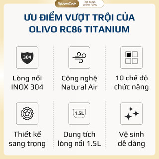 [CHÍNH HÃNG] Nồi Cơm Điện OLIVO RC86 – Chống Dính Tự Nhiên, 10 Chế Độ Nấu, Tách Đường NGUYENCOOK
