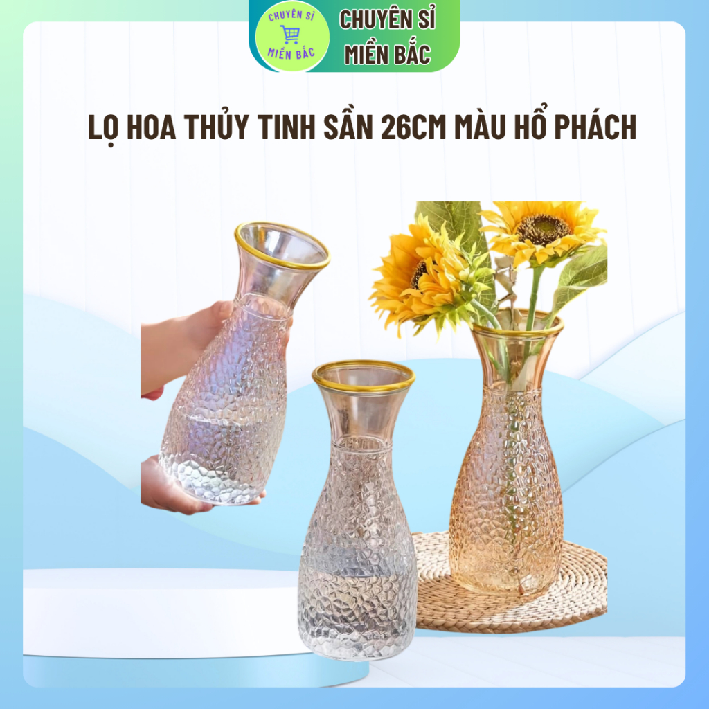 Lọ hoa thủy tinh SẦN 26CM màu hổ phách, phong các pha lê, Lọ dáng trụ sọc