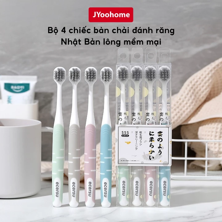 Bộ 4 Bàn chải đánh răng công nghệ Nhật Bản JYoohome Bàn chải than tre hoạt tính lông tơ mềm mại