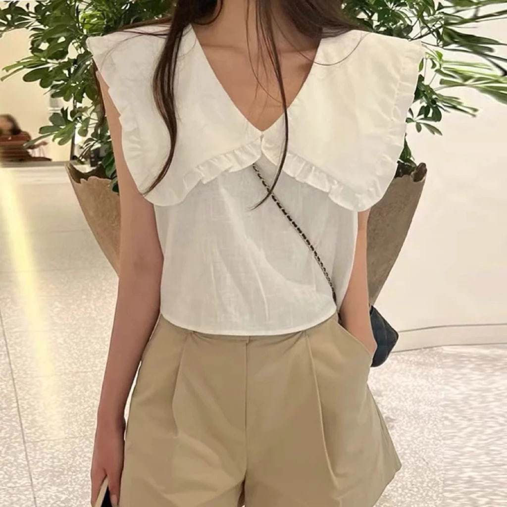 𝗦𝗶𝗹𝗮 - | BEELY| Áo Linen cổ bèo cộc tay