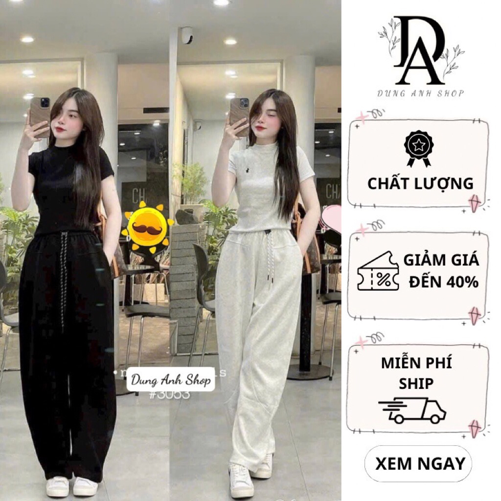 Quần Nỉ Ống Rộng Nữ Kèm Dây Rút Chất Nỉ Dày Dặn Cạp Chun Co Giãn Hot Trend