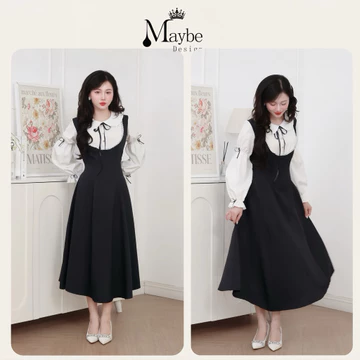 Đầm Maxi phối Trắng Chiết Eo Phom Xoè Bồng Tay Đính Nơ Có Dây Thắt Eo ( ĐẦM MAXI)