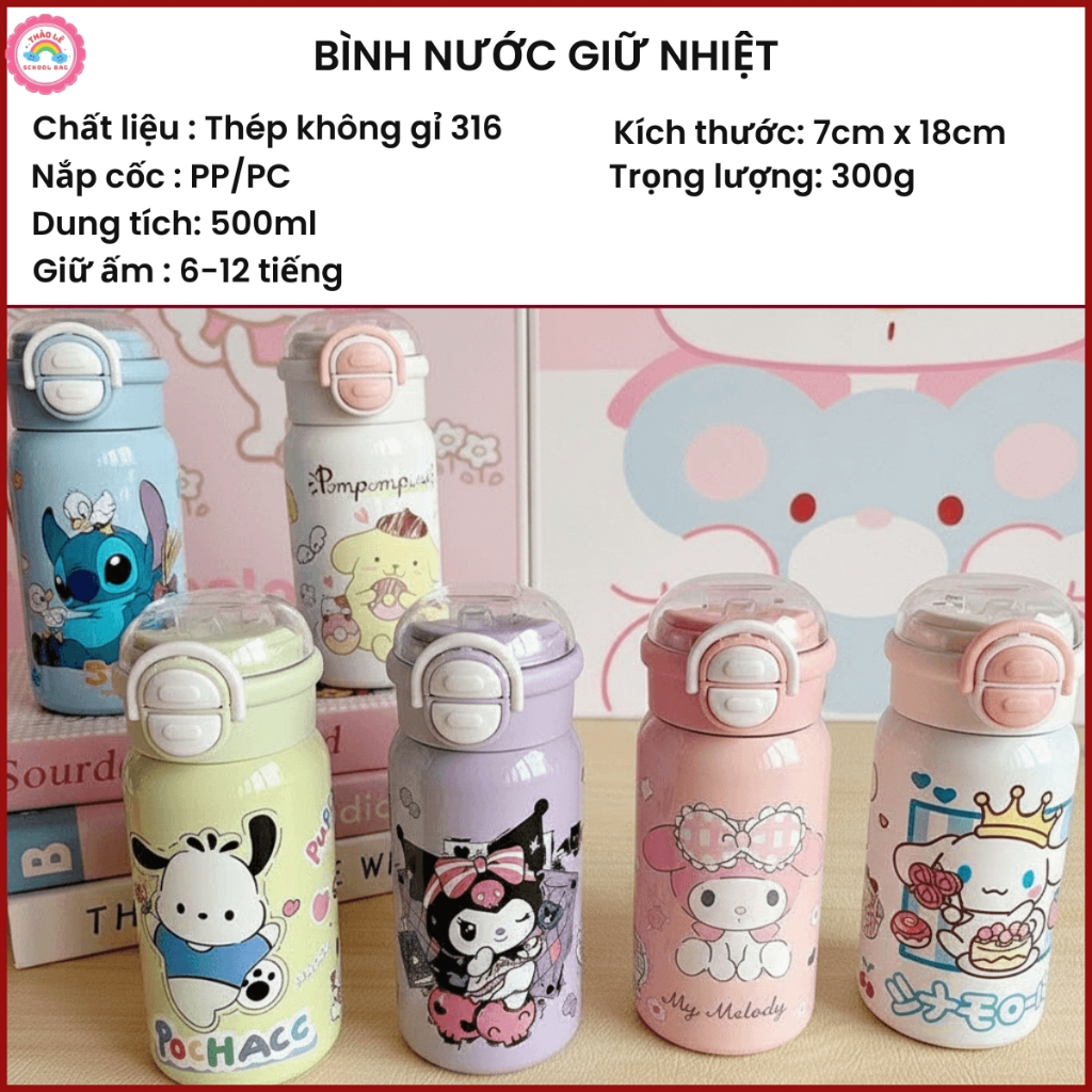 Bình nước giữ nhiệt trẻ em INOX 316 500ML, bình giữ nhiệt cho bé đi học cinamoroll melody kitty kuromi doremon TL2350