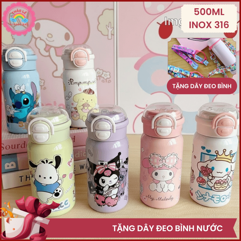 Bình nước giữ nhiệt trẻ em INOX 316 500ML, bình giữ nhiệt cho bé đi học cinamoroll melody kitty kuromi doremon TL2350