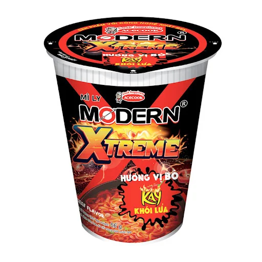 Thùng mì Modern 4 hương vị Lẩu thái tôm 67gr, bò cay khói lửa 66gr, Gà ớt hiểm 63gr, Kim chi 66gr