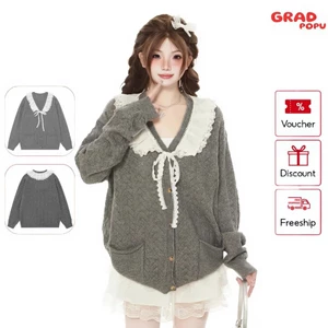 Áo khoác len cardigan GRADPOPU phong cách Hàn Quốc màu xám dáng rộng thời trang cặp đôi xuân thu AK65