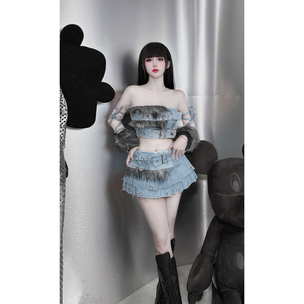 Set jean phối lông cá tính sexy đi bar đi chơi