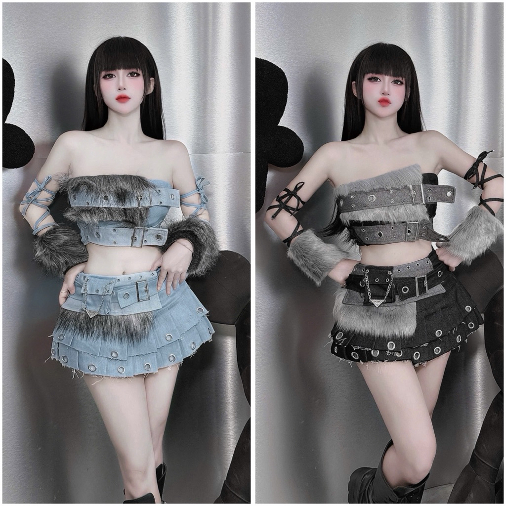 Set jean phối lông cá tính sexy đi bar đi chơi