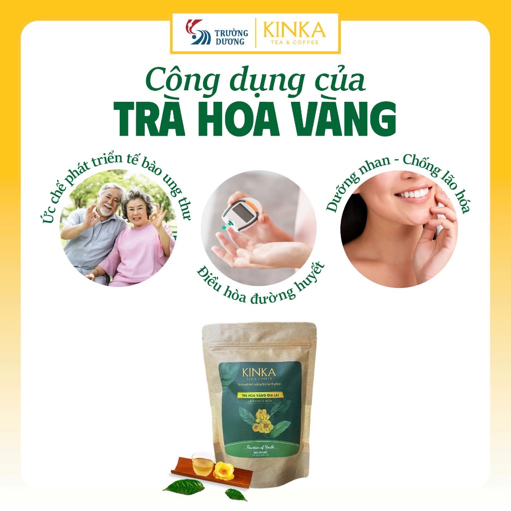 KINKA - Trà Hoa Vàng Gia Lai - Lá Xanh & Hoa KINKA Túi tiết kiệm - 60 gói x 2g