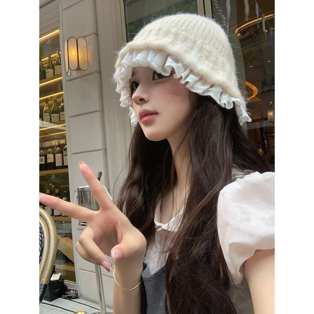 🎀 Mũ Len Phối Ren Hàn Quốc – Ngọt Ngào ✨
