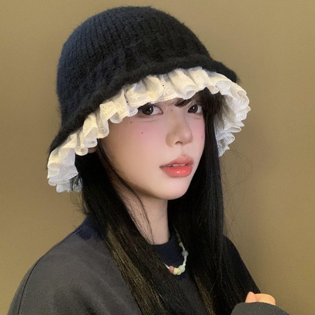 🎀 Mũ Len Phối Ren Hàn Quốc – Ngọt Ngào ✨