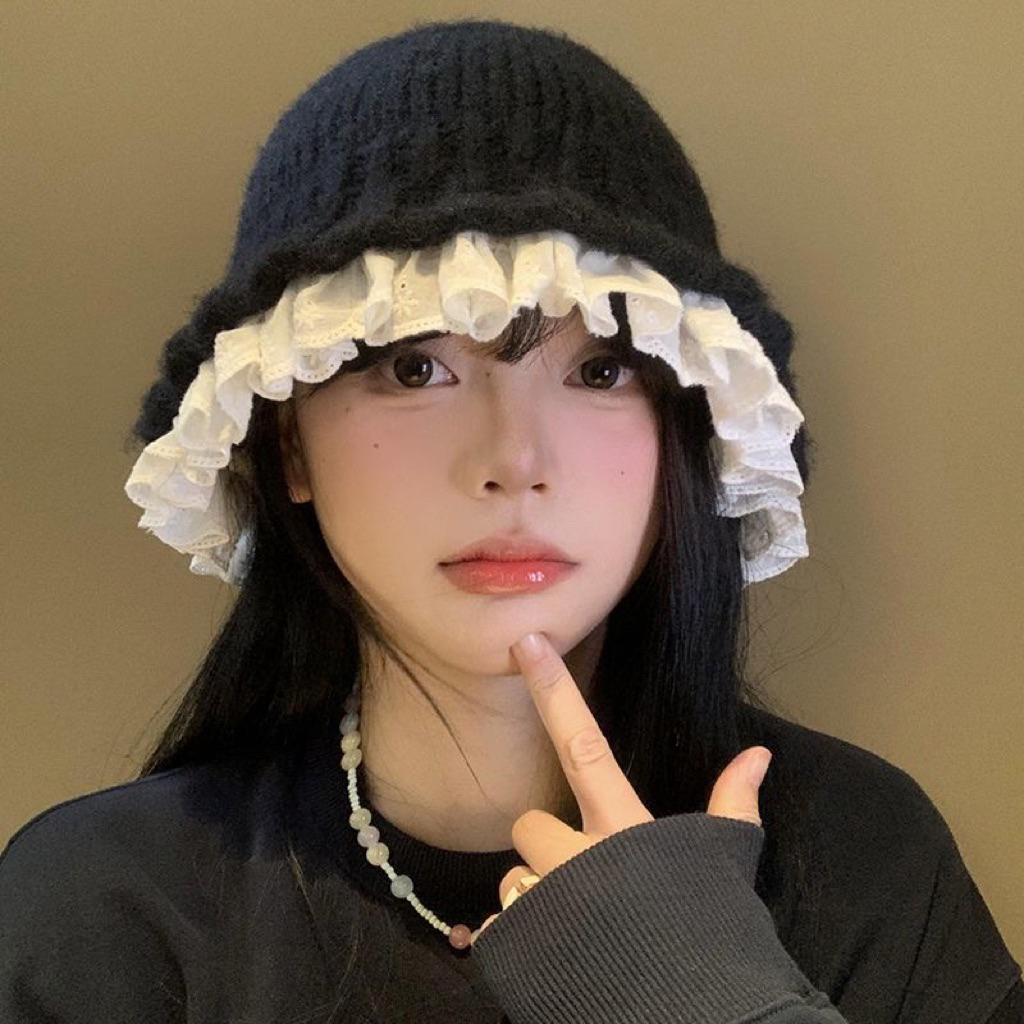 🎀 Mũ Len Phối Ren Hàn Quốc – Ngọt Ngào ✨