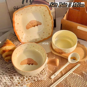 Set bát sứ 5 món hoạ tiết bánh mì cute