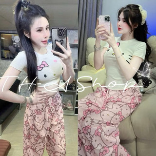 Set bộ áo babytee in hình ria mèo mix quần xuông đũi gân hello kitty hồng