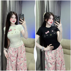 Set bộ áo babytee in hình ria mèo mix quần xuông đũi gân hello kitty hồng