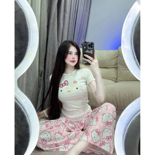 Set bộ áo babytee in hình ria mèo mix quần xuông đũi gân hello kitty hồng