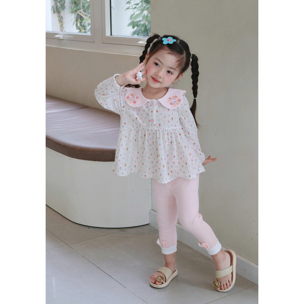 Set bộ dài tay bé gái Miniumbaby cổ nơ bánh bèo mix quần legging điệu đà, chất vải cotton mềm SB2558