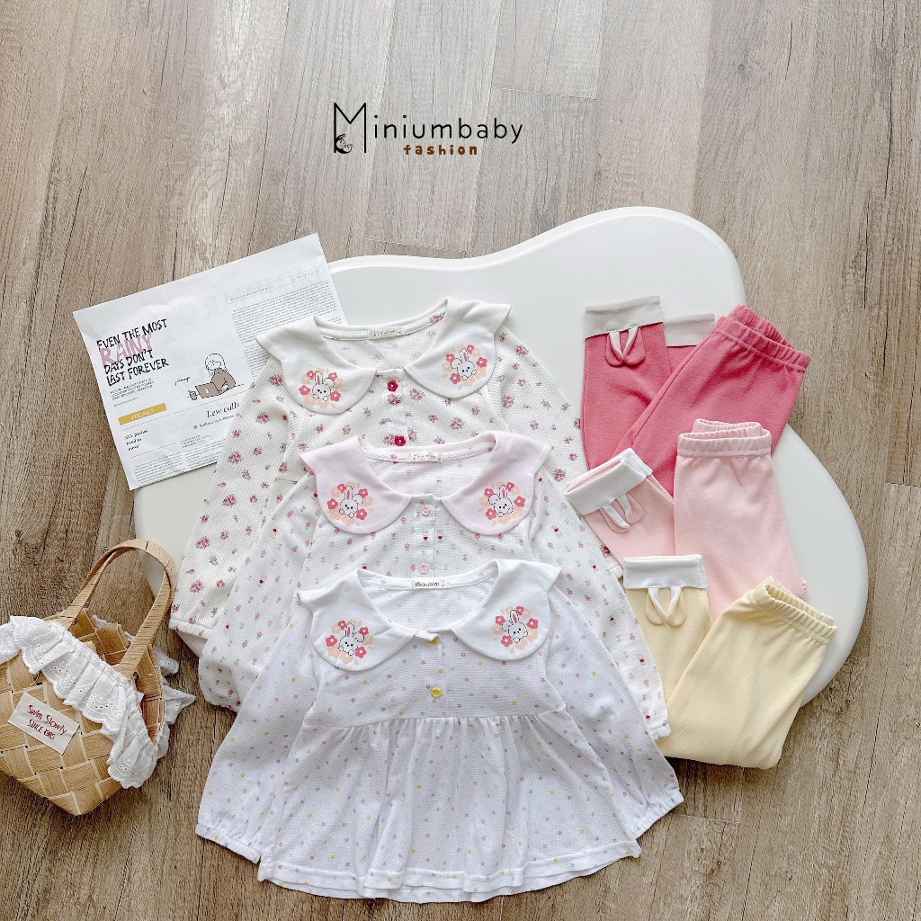 Set bộ dài tay bé gái Miniumbaby cổ nơ bánh bèo mix quần legging điệu đà, chất vải cotton mềm SB2558