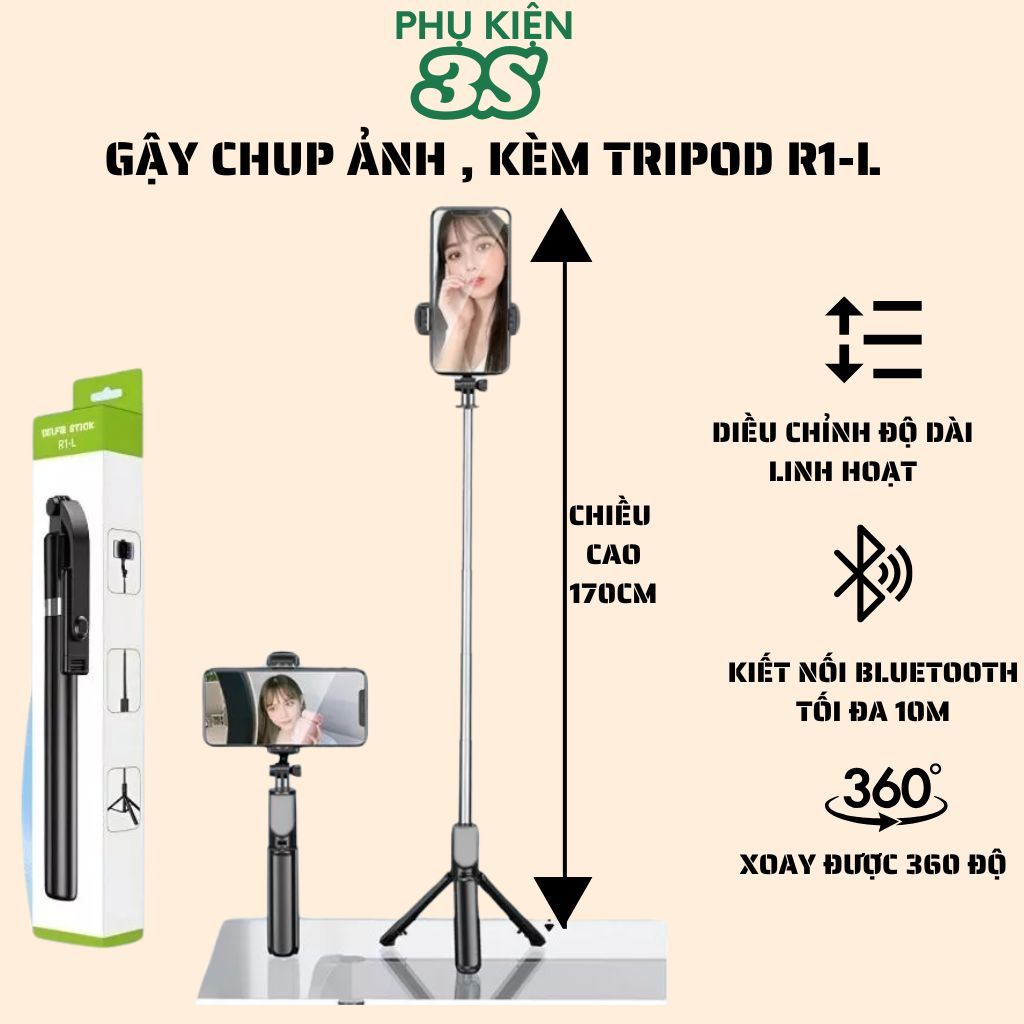 Gậy Chụp Hình 3 Chân Kiêm Tripod Dài 170cm R1-L Có Remote Chụp Ảnh Từ Xa Tiện Lợi
