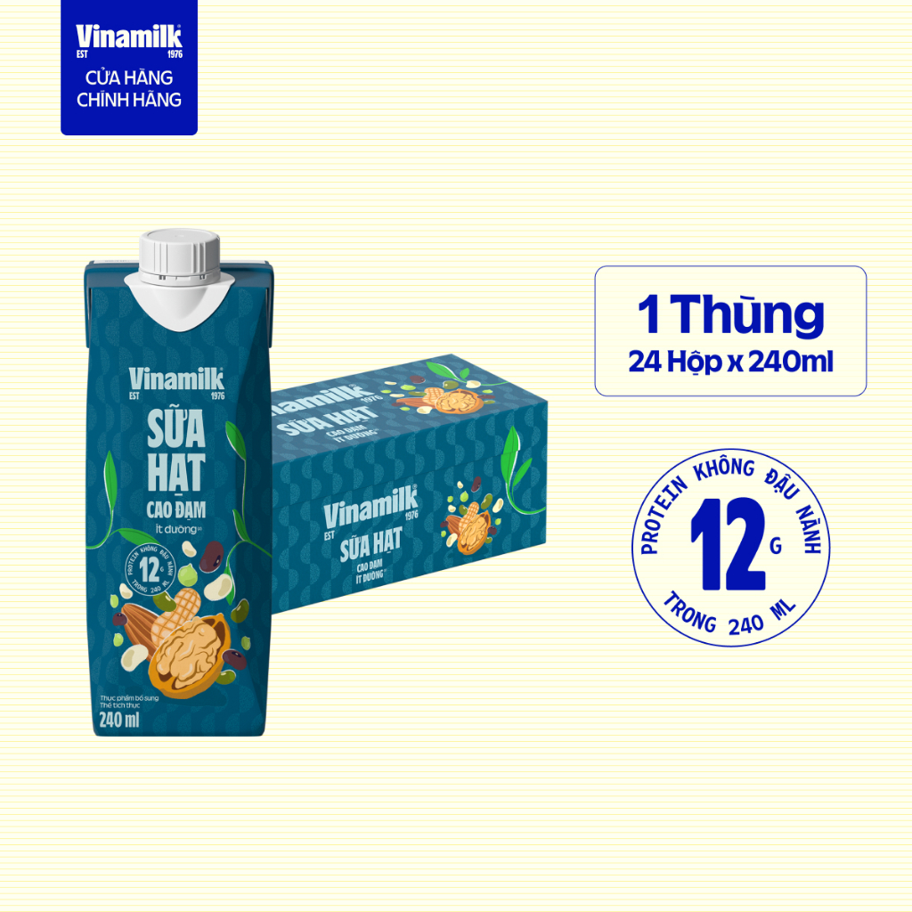 Thùng 24 hộp sữa hạt Cao Đạm ít đường Vinamilk – hộp 240ml