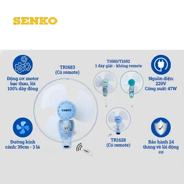 Quạt Treo Tường Mini SENKO TR1628/TR1683 có Remote, T1680/T1682 1 Dây KHÔNG Remote Quạt Đủ Độ Ổn Định