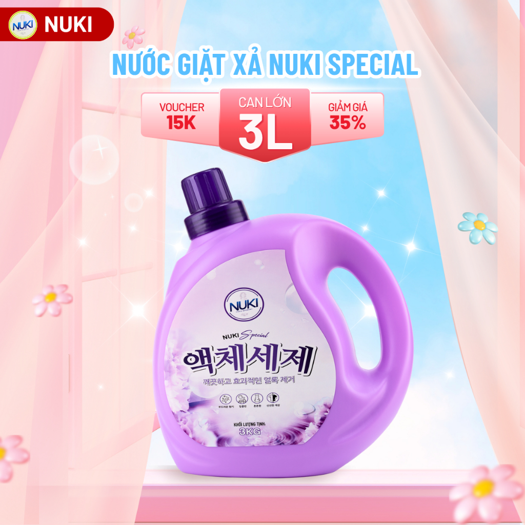 Can Nước Giặt Xả Nuki Special 2 in 1 Hương Nắng Mai - Can 3kg Nước Giặt Xả Quần Áo Thơm Lâu Mềm Vải